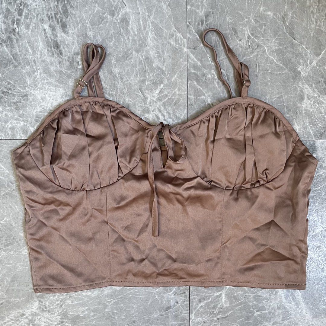 Brown satin crop top with adjustable straps (Category: Sleeveless) located in Manila. Submitted by colette.closette (Listing ID 1468340115, Image 1). Description: Mop: Gcash Mod: Flash Express / Lalamove / Meet up — around nearby areas only! 📍Hagonoy, Bulacan.