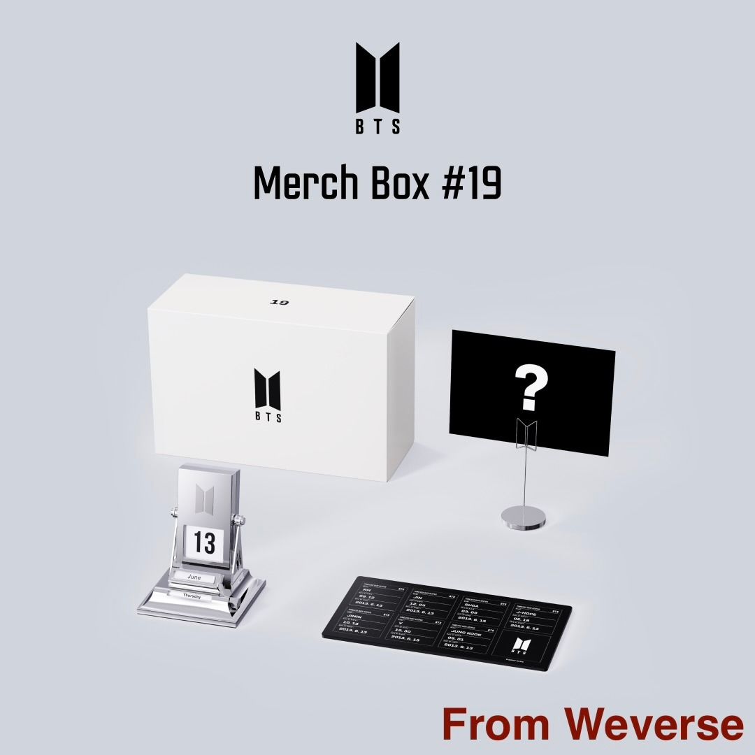 BTS Merch Box 19 (Category: K-Wave Merchandise) located in Baguio. Submitted by shine.dream.smile (Listing ID 1468442349, Image 3). Description: Condition - Unopened (no seal when it arrived but was never opened by the seller) - Damages/imperfections: Original box has arrived with slight imperfections (stains and scratches). Details - Inclusions: Out box, date keeper, special magnet, photo (selfie), photo holder, Weverse bubble wrap and seller’s 