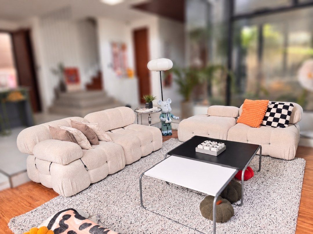 Camaleonda-Inspired Modular Sofa (Category: Sofas) located in Binan City. Submitted by kmsanchez08 (Listing ID 1468498648, Image 1). Description: Minimalist, stylish, and versatile! Can be rearranged into different configurations to suit your space and style. Details: * 4 Modular Pieces * Size: 80 x 80 cm per module * Height: 35 cm * Fabric: Bouclé *Pillows included Condition: Well-used, selling AS IS. Needs cleaning. RFS: Switching to a sofa bed