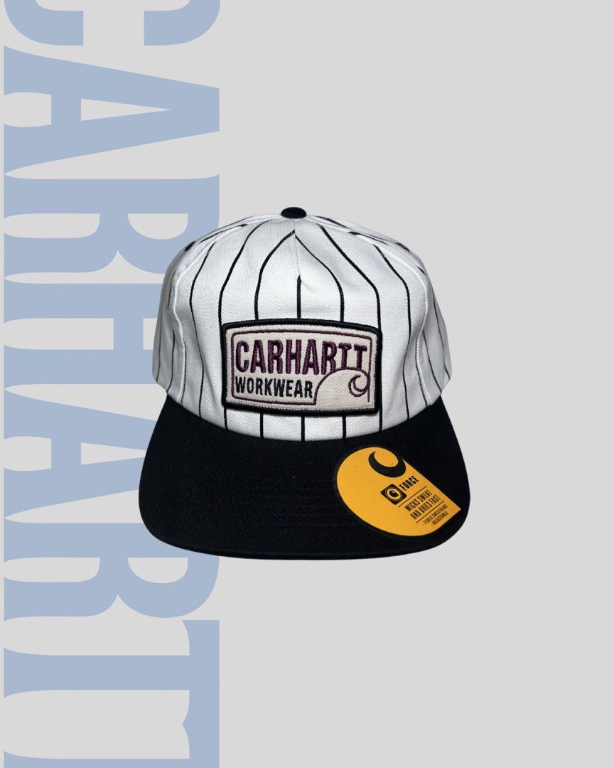 Carhartt Workwear Pinstripe Cap (Category: Caps & Hats) located in Manila. Submitted by happygem.c4758a (Listing ID 1468341668, Image 1). Description: - Style: Classic workwear snapback cap - Color/Design: White and black pinstripe with a black flat brim - Branding: Carhartt Workwear embroidered patch on the front - Tech: Yellow Force sticker detailing built-in sweat-wicking technology - Fit: Adjustable snapback closure for a custom fit.
