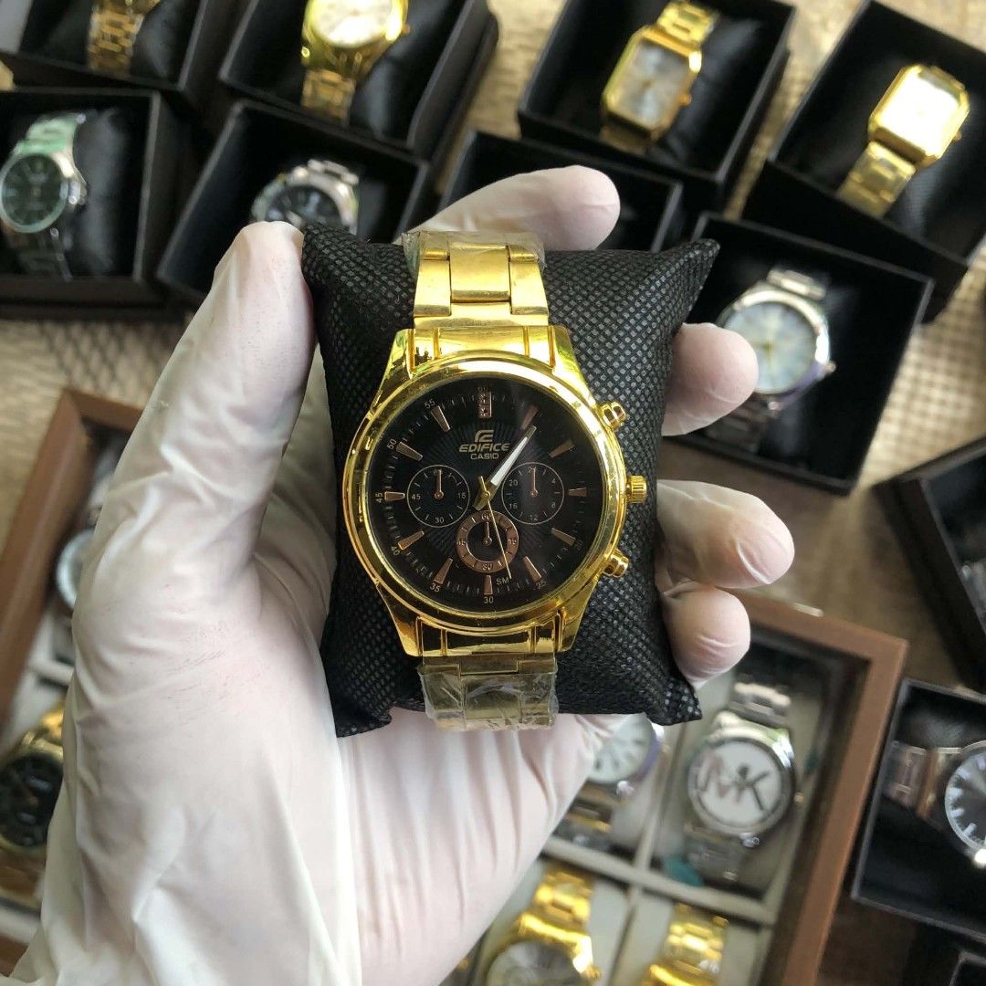 Casio Edifice Gold Chronograph Watch (Category: Women's Watches) located in Lucena. Submitted by jolo0419 (Listing ID 1468285188, Image 1). Description: - Brand: Casio Edifice Chronograph - Color: Gold with dark dial and gold hour markers - Material: Stainless steel strap (still wrapped in protective plastic) - Features: Multiple sub-dials, chunky bezel design, and sturdy build - Condition: Brand new, ready to ship.