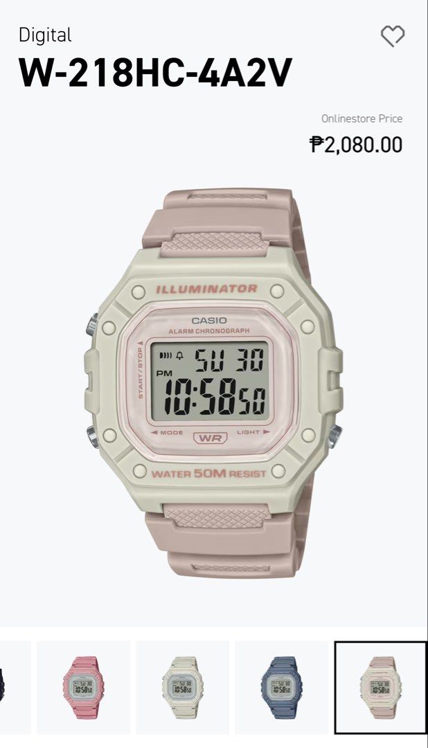 Casio Illuminator W-218HC-4A2V Digital Watch (Category: Women's Watches) located in Bulacan. Submitted by adrianajulienne11 (Listing ID 1468292898, Image 3). Description: - Model: Casio W-218HC-4A2V - Color: Muted beige and dusty pink - Features: Digital display, illuminator backlight, alarm chronograph - Water Resistance: Up to 50 meters - Material: Square resin case with textured resin strap - Condition: Clean..