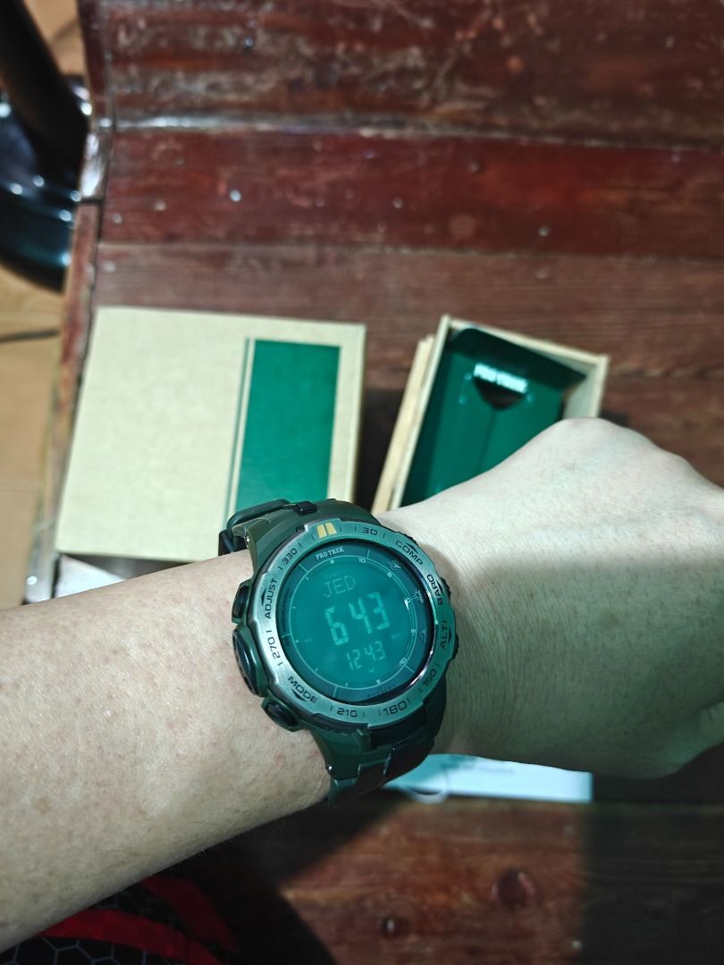 Casio Pro Trek PRW-3100Y-3DR Triple Sensor Watch (Category: Men's Watches) located in Caloocan City. Submitted by rannybuan316-34776 (Listing ID 1468439116, Image 3). Description: - Model: Casio Pro Trek PRW-3100Y-3DR (Green) - Condition: Brand new, unworn, and resting in original packaging - Power: Tough Solar (solar-powered) - Sensors: ABC sensors (Altimeter, Barometer, Compass) - Inclusions: Original wooden box, tag, and module 3444 user guide
