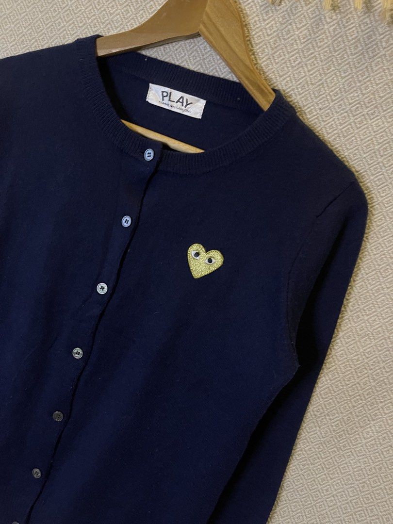 Cdg play navy blue cardigan (Category: Coats, Jackets and Outerwear) located in Manila. Submitted by hypestock_mnl (Listing ID 1468310644, Image 2). Description: - stylish - perfect for casual wear - great fit - in good condition - minimal signs of usage - 9/10 - money worth! - see pics for details/issue.