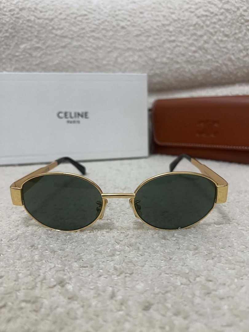 Celine Triomphe Metal Sunglasses (Category: Sunglasses & Eyewear) located in Paoay. Submitted by rvf1230 (Listing ID 1468364377, Image 1). Description: - Brand: Celine - Frame: Gold metal finish with tortoiseshell acetate temple tips - Lenses: Dark green - Details: Iconic Triomphe logo hardware on temples - Inclusions: Original tan leather case and white Celine box - Condition: Like New / Pristine.