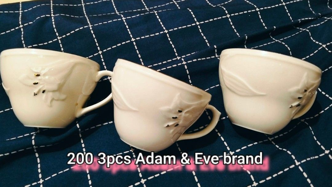 Ceramic Cups Bowls And Saucers Variety Sets (Category: Dinnerware & Cutlery) located in Manila. Submitted by msyhue11_ (Listing ID 1468491437, Image 1). Description: - Ceramic Tableware Sets for Sale - Available items and quantities: - 3x Adam & Eve cups (White embossed flower design) - 3x Bird saucers (Blue patterned) - 10x Blue rimmed small bowls - 5x Plain white bowls - 5x Grapevine pattern plates - Prices and piece counts clearly marked on ye