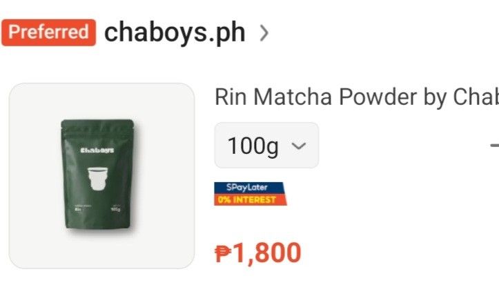 Chaboys Rin Matcha Powder 100g (Category: Beverages) located in Paranaque City. Submitted by mab.villareal (Listing ID 1468485918, Image 3). Description: Chaboys Rin matcha powder in a 100g resealable pouch. Unopened bag. Manufacture date July 2026, best before July 2027. FIXED PRICE! RFS: overhoarded .