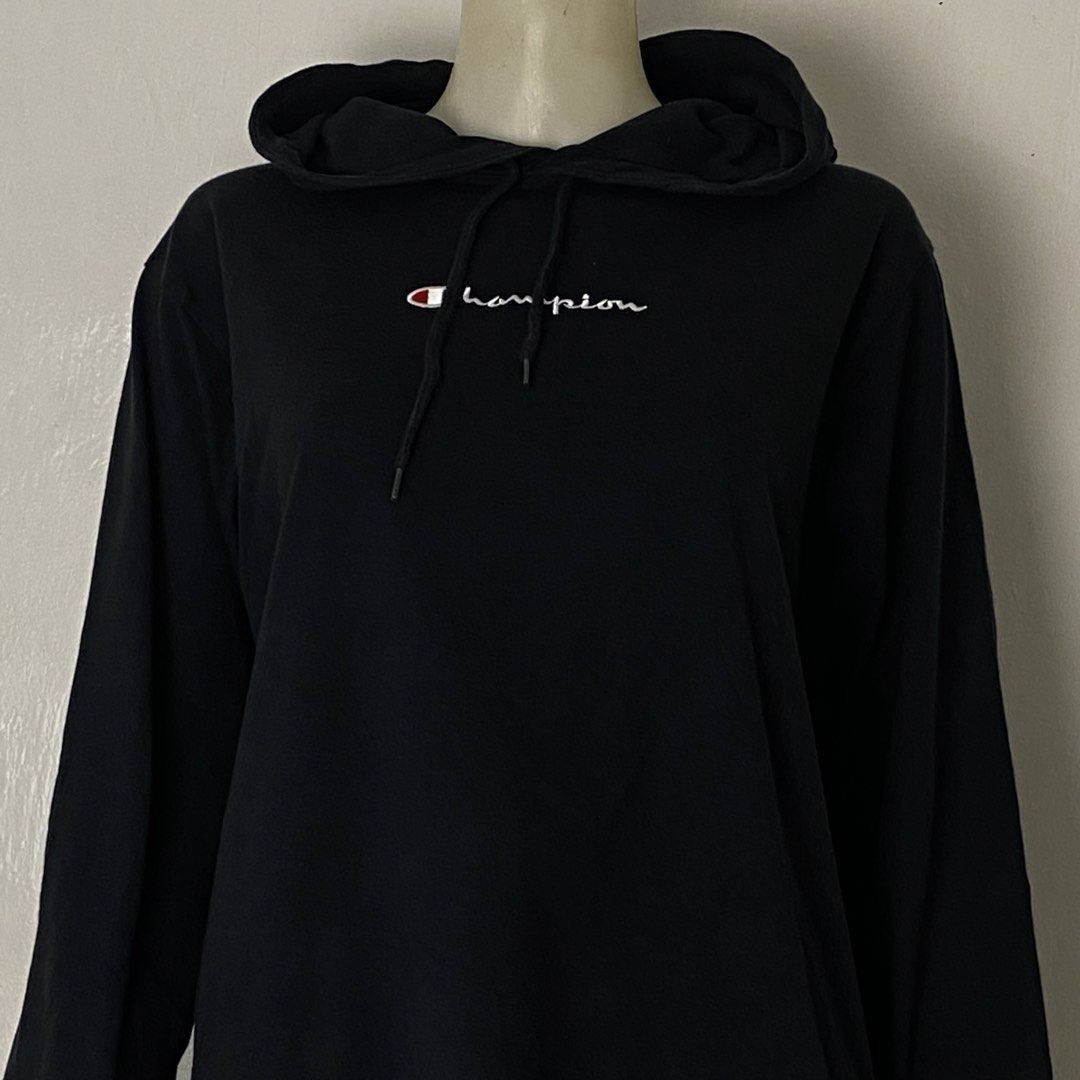 Champion ✨ | Black Hooded Pullover Sweatshirt (Category: Coats, Jackets and Outerwear) located in Bulacan. Submitted by orc.ph (Listing ID 1468398270, Image 3). Description: Champion ✨ | Black Hooded Pullover Sweatshirt Material Used: 100% Cotton - Black -Casual -Streetwear -Hem Side Slit -Ribbed Cuffs -Champion Spellout -Adjustable Hood Drawstring ‎-Size: L -Width: 21.5 ‎-Length: 25 ‎ ‎Pristine Condition. No Visible Flaws. Issue: NONE ‎ ‎⚠️Note: