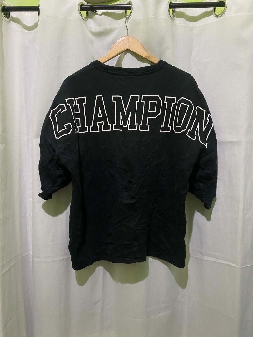 Champion Black T-Shirt Medium C3-U002 (Category: Tshirts & Polo Shirts ) located in Quezon City. Submitted by elihur.tuazon (Listing ID 1468436430, Image 2). Description: - Brand: Champion (Model: C3-U002) - Color: Black - Size: Medium - Material: 80% cotton, 20% polyester body with ribbed crew neckline - Details: Small embroidered logo on chest and sleeve patch, large outline Champion block lettering on back shoulders - Fit: Comfortable casual s
