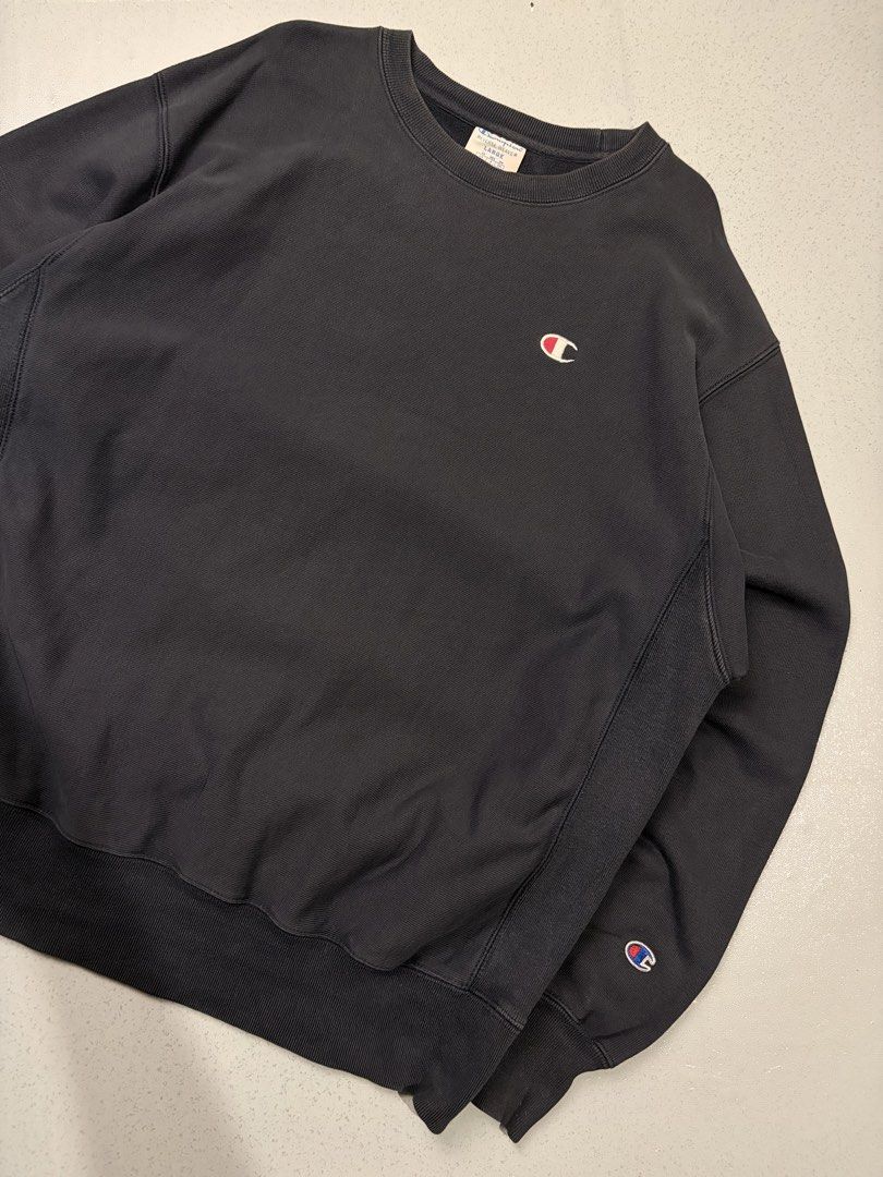 Champion Reverse Weave Crewneck Sweatshirt Black Large (Category: Coats, Jackets and Outerwear) located in Cainta. Submitted by rizalthriftstuff (Listing ID 1468363390, Image 2). Description: Champ Vintage Reverse Weave Navy Blue Dimes Size: L Width: 24 Length: 29 Color Rate: 10 Condition: 9 No Issue Mine - ₱800 - Brand: Champion Reverse Weave - Style: Crewneck sweatshirt - Color: Faded black - Size: Large - Material: Heavyweight cotton fleece - 