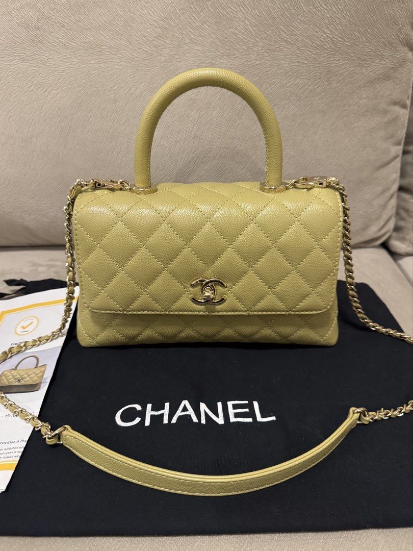 Chanel coco handle (Category: Luxury Bags & Wallets) located in Taguig. Submitted by byebyebabies (Listing ID 1468301888, Image 1). Description: - Authentic Chanel quilted leather handbag in soft yellow - Elegant gold hardware with top handle and chain strap (includes leather shoulder guard) - Iconic CC turn-lock front flap closure - Comes with black Chanel dust bag - Condition and details as pictured. DM for inquiries or fast deal!.
