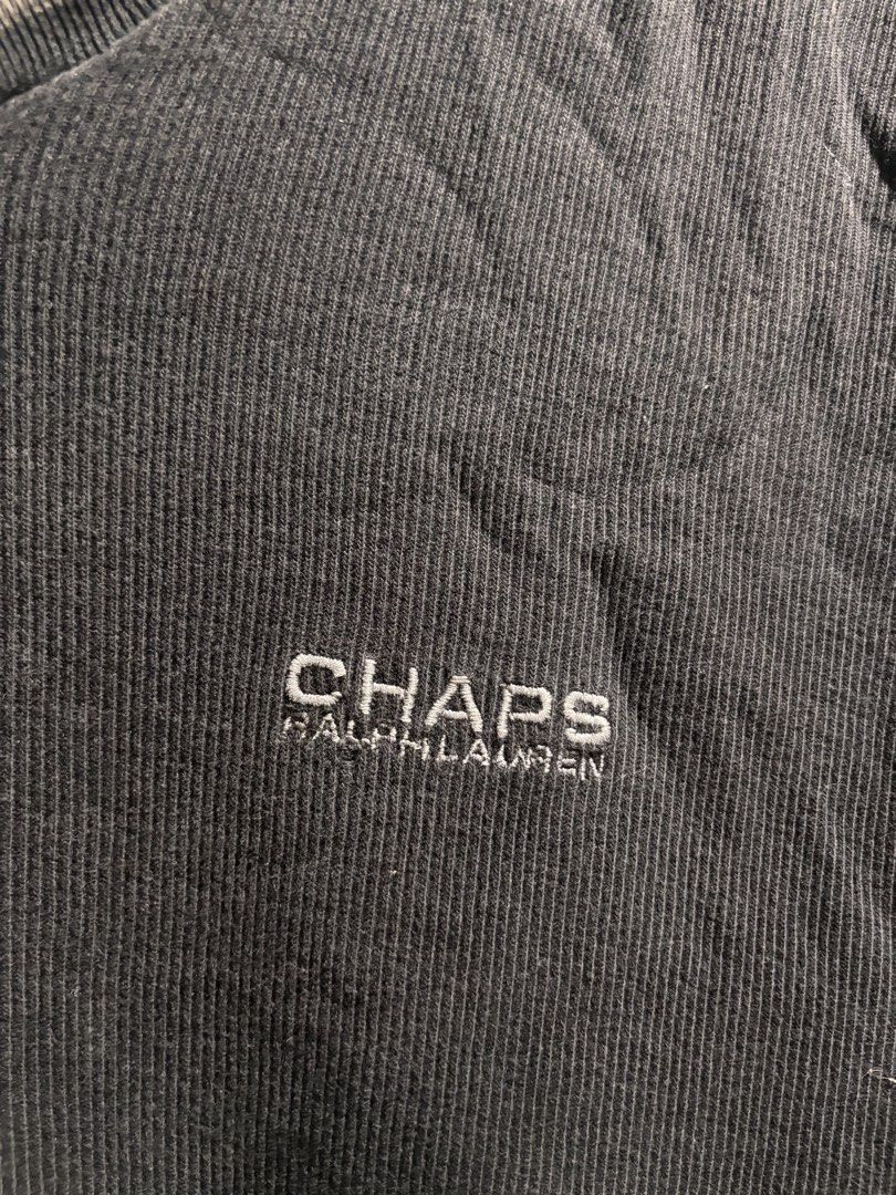 Chaps Ralph Lauren Long Sleeve V-Neck Ribbed Pullover (Category: Longsleeves) located in General Santos City (Dadiangas). Submitted by andrei_ciocon (Listing ID 1468372720, Image 3). Description: - Brand: Chaps Ralph Lauren - 24w / 27l - Style: Long sleeve thermal pullover - Color: Dark charcoal grey with contrasting V-neck trim - Size: Medium - Material: 100% ribbed cotton thermal texture - Details: Embroidered logo lettering on the left chest -