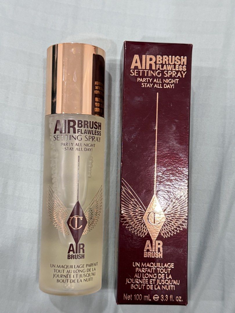 Charlotte Tilbury Airbrush Flawless Setting Spray 100ml (Category: Makeup) located in Manila. Submitted by azeiruuu (Listing ID 1468343069, Image 1). Description: - Product: Charlotte Tilbury Airbrush Flawless Setting Spray - Size: Full size 100ml with matching box - Condition: Like new, used 3x only - Longevity: Sets and primes makeup for up to 16 hours - Formula: Waterproof; prevents melting, fading, and creasing - How to use: Hold 6-8 inches a