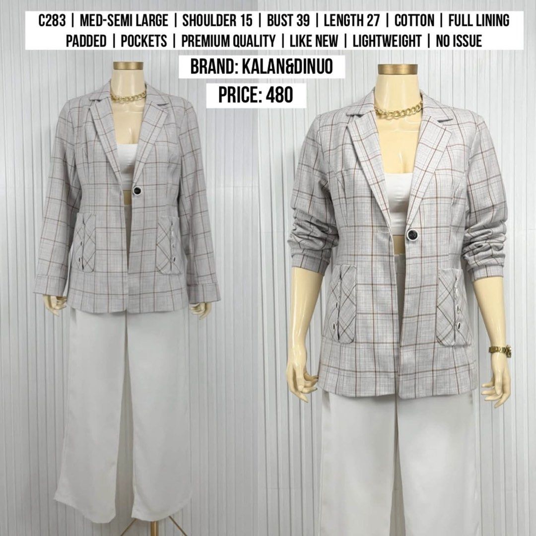 CHECKERED BLAZER | MED - SEMI LARGE (Category: Coats, Jackets and Outerwear) located in Manila. Submitted by superizza (Listing ID 1468478655, Image 1). Description: 🌻Location: Paco, Manila. No physical store 🌻Mannequin estimated height: 5’4 🌻Mqnnequin size: Small 🌻Mannequin waist: 23” 🌻Mannequin thigh circumference: 36” 🌻Items are already washed and front steamed, pwede na suotin if di ka maselan. 🌻All items are thrifted (from ukay bales)