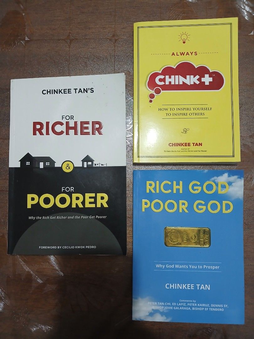 Chinkee Tan Books Set of 3 (Category: Storybooks) located in Makati City. Submitted by naysan (Listing ID 1468303651, Image 2). Description: Set of three books by Chinkee Tan. Includes: * Why God Wants You To Prosper / Rich God Poor God * Always Chink+ How to Inspire Yourself to Inspire Others * For Richer & For Poorer Read through them already, time to clear shelf space. Pages clean, covers have minor shelf wear. Note: Page 1 of all books remove