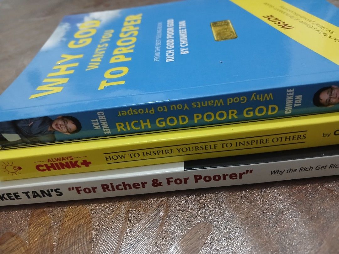 Chinkee Tan Books Set of 3 (Category: Storybooks) located in Makati City. Submitted by naysan (Listing ID 1468303651, Image 1). Description: Set of three books by Chinkee Tan. Includes: * Why God Wants You To Prosper / Rich God Poor God * Always Chink+ How to Inspire Yourself to Inspire Others * For Richer & For Poorer Read through them already, time to clear shelf space. Pages clean, covers have minor shelf wear. Note: Page 1 of all books remove
