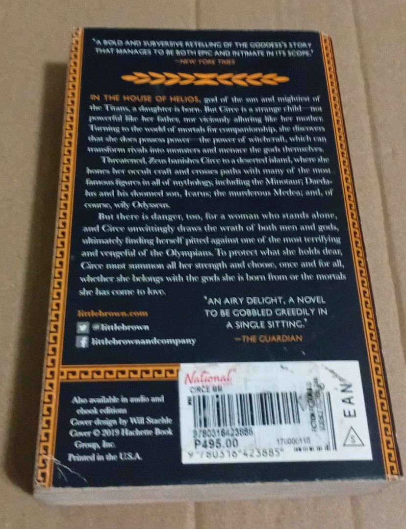 Circe by Madeline Miller Paperbacks (Category: Storybooks) located in Manila. Submitted by luckyfox-3a3e (Listing ID 1468443530, Image 2). Description: - Title & Author: Circe by Madeline Miller - Edition: International bestseller paperback - Publisher: Little, Brown and Company - Plot: Captivating Greek mythology retelling of the goddess Circe - Condition: Read once, pages fully intact, minor wear on edges - Note: Original National Book Store pr