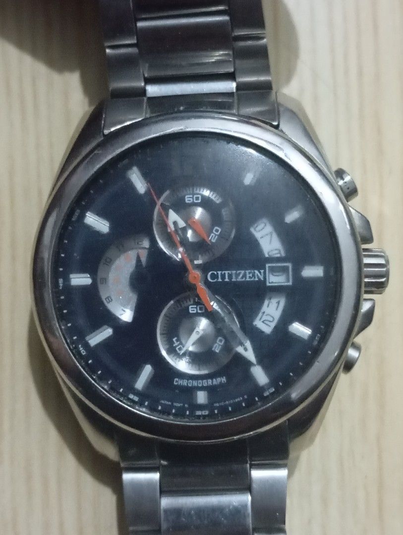 Citizen chronograph (Category: Men's Watches) located in Las Pinas. Submitted by quick_deals_great_finds2 (Listing ID 1468444053, Image 1). Description: Original good working condition Quartz chronograph with battery 42mm large fits wrist 7 inches.