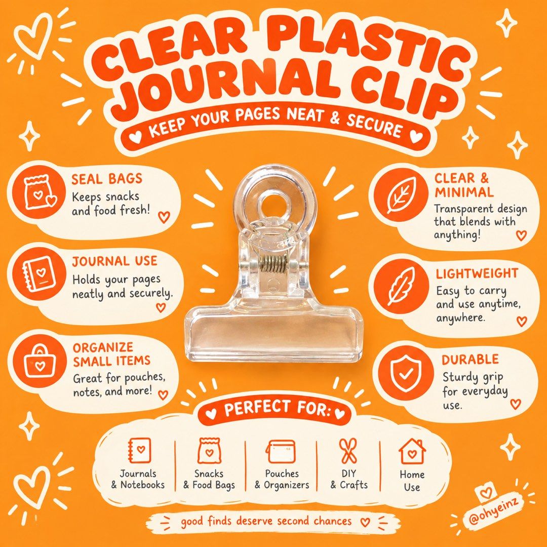 Clear Journal Clip (Category: Stationery & School Supplies) located in Navotas City. Submitted by ohyeinz (Listing ID 1468314323, Image 1). Description: ✨ Clear Journal Clip — a cute and practical way to keep your papers, notes, and documents organized! 📎🤍 Perfect for school, journaling, and everyday use. 📚📝.