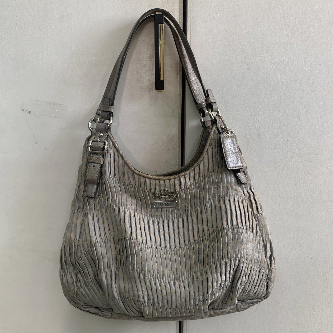 Coach Madison Maggie Ruched (Category: Luxury Bags & Wallets) located in Manila. Submitted by arxxxm (Listing ID 1468462283, Image 1). Description: Coach Madison Maggie Ruched Silver Metallic Canvas very minimal sign of usage only, needs slightly cleaning 3000 + sf 📥.