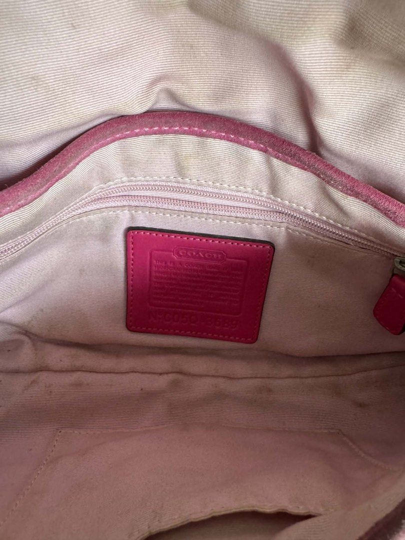 Coach Signature Patchwork Shoulder Bag Pink Brown (Category: Shoulder Bags) located in Manila. Submitted by prettyyybagss (Listing ID 1468384072, Image 2). Description: - Brand: Coach - Style: Shoulder bag with front flap buckle closure - Material: Brown signature canvas patchwork with pink snakeskin trim - Hardware: Silver-tone hardware and YKK zipper - Interior: Light pink fabric lining with an inner zipper pocket and pink leather creed patch (