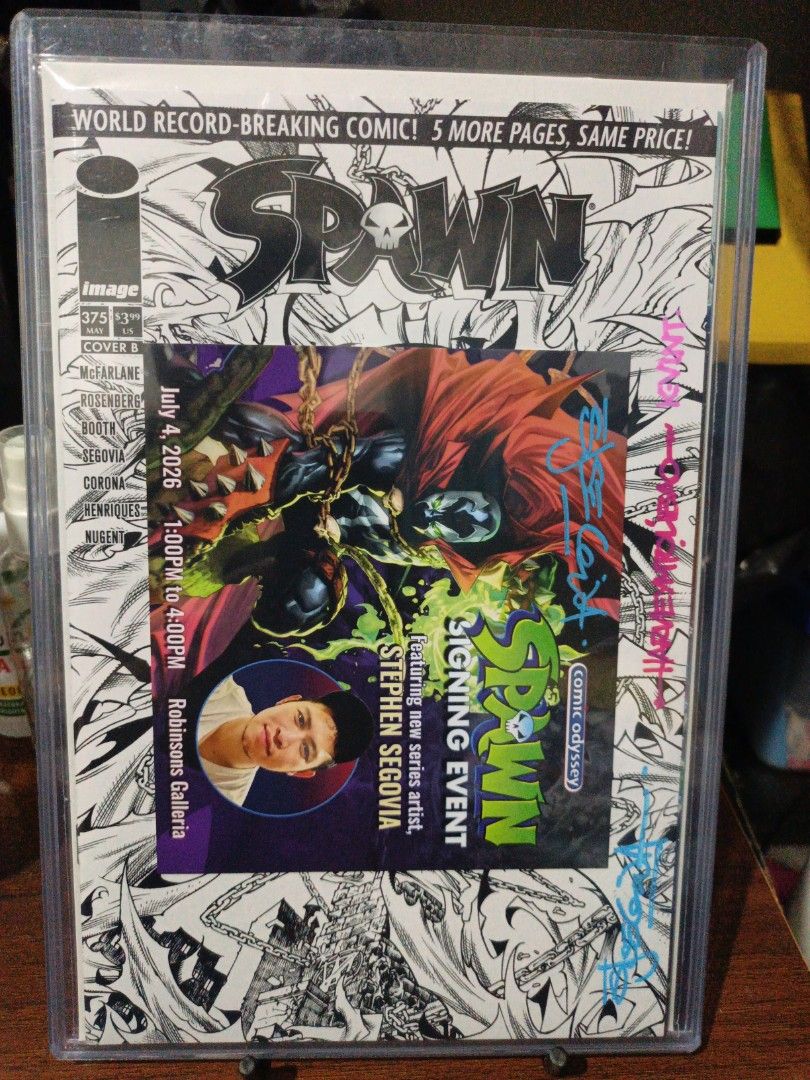 Spawn #375 (Cover B) (Category: Comics & Manga) located in Antipolo. Submitted by makasalanan (Listing ID 1468308890, Image 1). Description: - Spawn #375 (Cover B) written by Todd McFarlane and featuring art by Brett Booth, Stephen Segovia and others. - Raw signatures by: Segovia & Tolibao Bros. - Bag and Board included - Near Mint Condition.