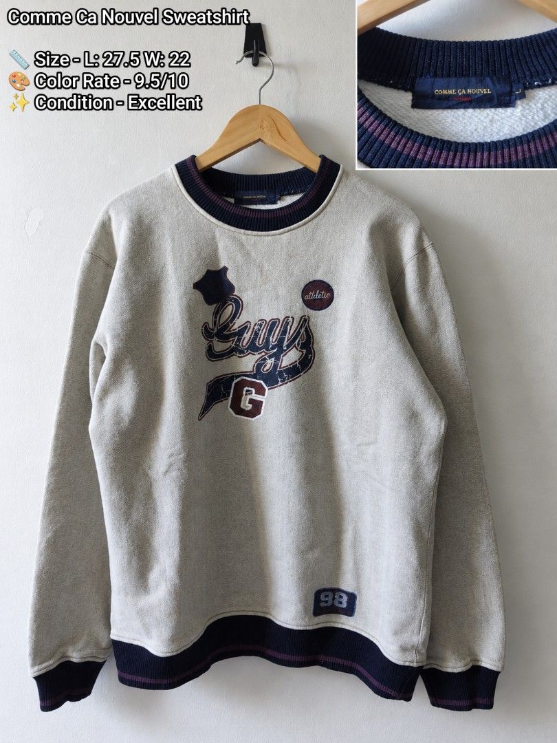Comme Ca Nouvel Athletic Sweatshirt Size L (Category: Coats, Jackets and Outerwear) located in Manila. Submitted by gelog2 (Listing ID 1468358451, Image 1). Description: - Brand/Model: Comme Ca Nouvel grey sweatshirt - Size: L (Length: 27.5", Width: 22") - Design: Navy and maroon ribbed collar, cuffs, and hem - Details: Large athletic-style front graphic with 'Guys' lettering, G logo, and number 98 patch - Condition: Clean fabric, bright colors, 