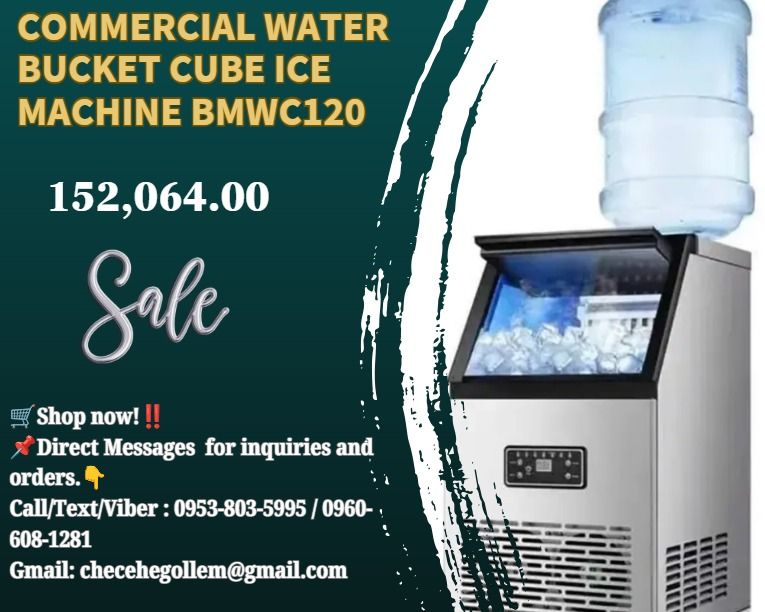 Commercial Water Bucket Cube Ice Machine BMWC120 (Category: Home Improvement Tools & Accessories) located in Caloocan City. Submitted by truehawk_e87a47 (Listing ID 1468357146, Image 1). Description: ●Rated output: 120KG/24H ●Voltage:220V50HZ1P ●Ice size: 22*22*22mm or customize ●Refrigerant: R290 ●Cooling way: Air cooling ●Ice bin capacity: 18KG ●Machine size: 500*430*798mm ●Packing way: Carton ●Packing size: 0.25CBM ●G.W. 35KG .