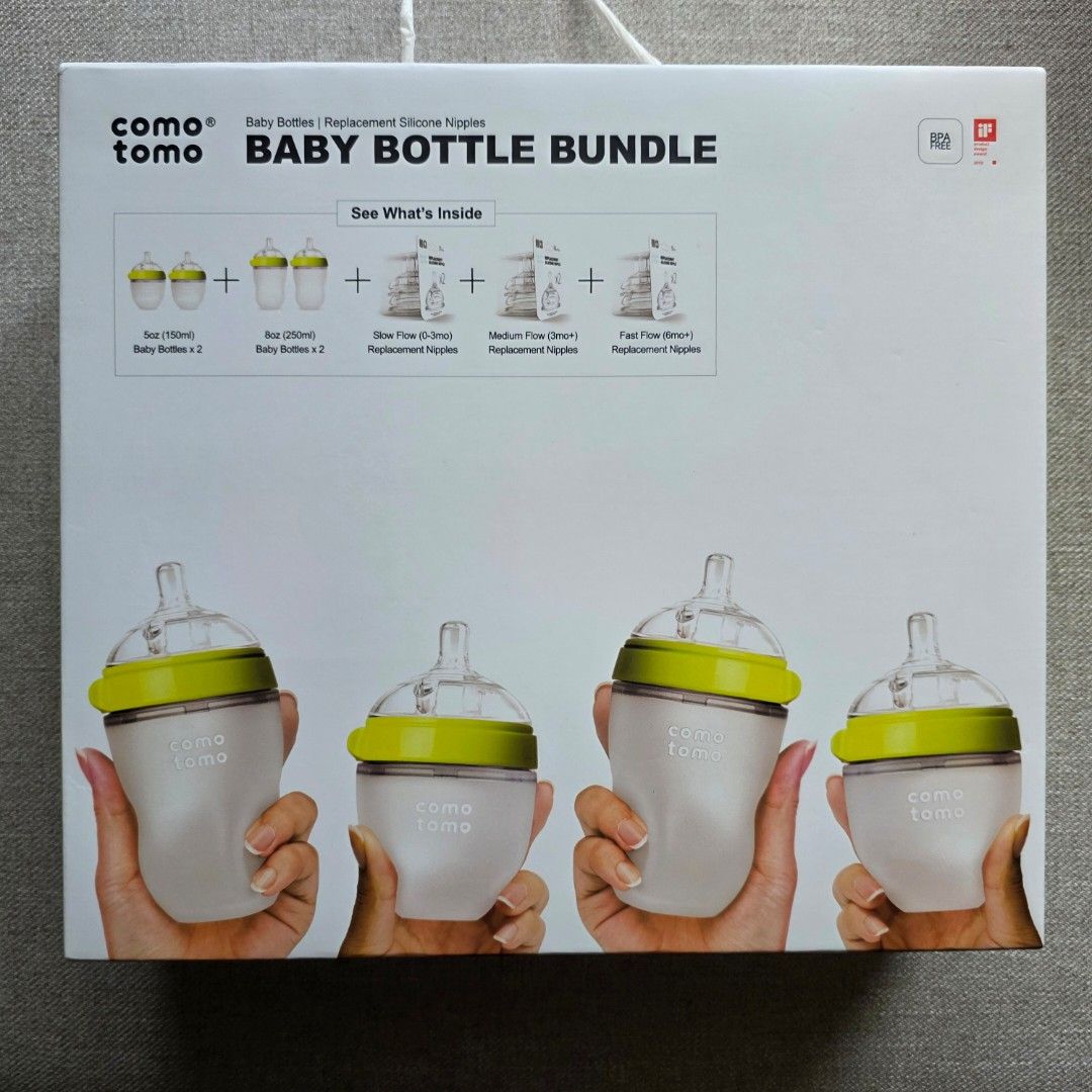 Comotomo Baby Bottle Bundle with Replacement Nipples (Category: Breastfeeding & Bottle Feeding) located in Manila. Submitted by moccayap23686 (Listing ID 1468320689, Image 1). Description: - Brand new in original packaging box - 2 x 150ml Comotomo baby bottles - Includes slow flow replacement nipple pack - Includes medium flow replacement nipple pack - Stylish green rings and caps - Complete bundle for your feeding needs - only used the 250ml bot
