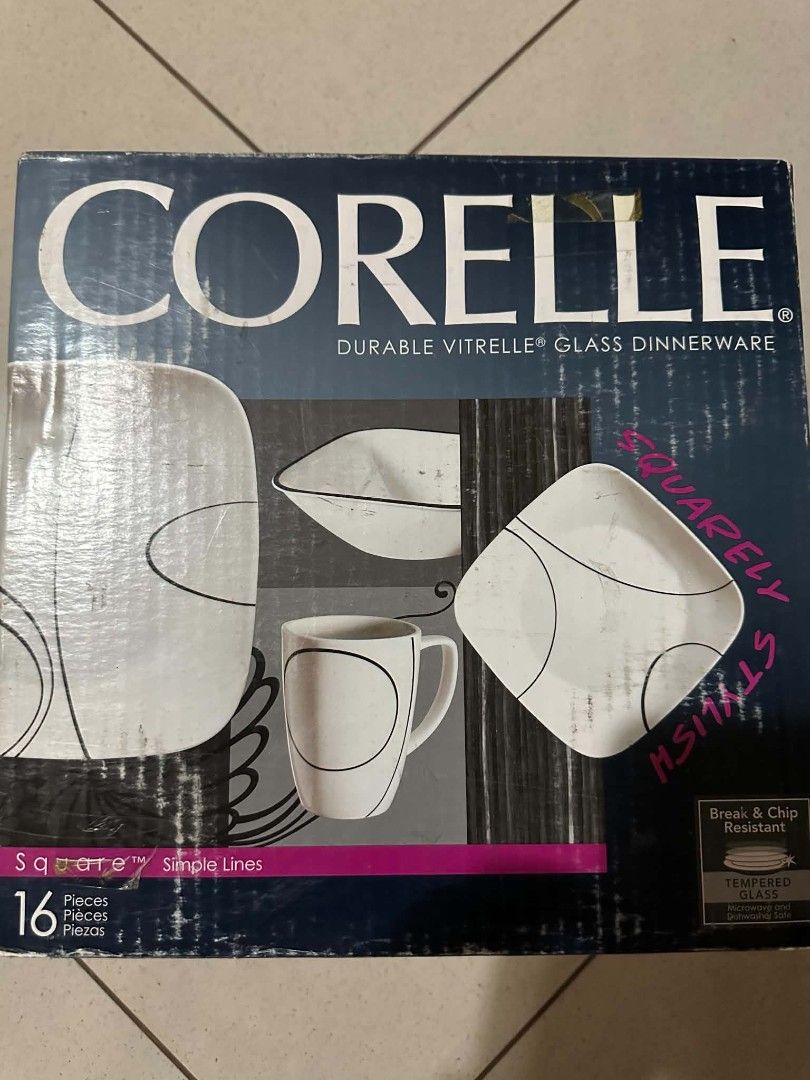 Corelle Simple Lines Square 16-Piece Glass Dinnerware Set (Category: Dinnerware & Cutlery) located in Las Pinas. Submitted by calmwolf_2a8740 (Listing ID 1468315571, Image 1). Description: - Brand: Corelle - Set: 16-piece Square Dinnerware Set - Design: Simple Lines (Clean black & white minimalist) - Material: Vitrelle glass (Break and chip resistant) - Features: Microwave and dishwasher safe - Inclusions: Plates, bowls, mugs, and original box - 