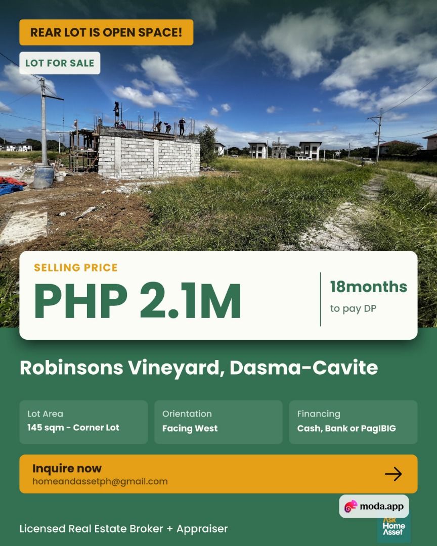 Corner Lot - Robinsons Vineyard, Dasmarinas, Cavite (Category: Lot) located in Bacoor. Submitted by estrdanet (Listing ID 1468426035, Image 1). Description: ✅ FOR SALE: Corner Lot at Robinsons Vineyard, Dasmariñas, Cavite Naghahanap ka ba ng corner lot sa loob ng established na village, sa presyong abot-kaya? Ito na yan. 👇 📍 LOCATION Robinsons Vineyard, Dasmariñas, Cavite Phase 4B, Block 22 Lot 1 📐 LOT DETAILS • 145 sqm corner lot • Resale • W