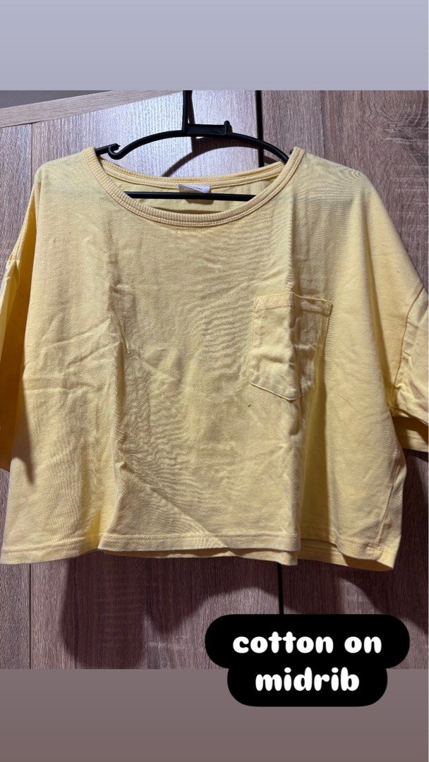 Cotton On Yellow Midrib Crop Top (Category: Sleeveless) located in Taal. Submitted by iampies08 (Listing ID 1468447413, Image 2). Description: - Brand: Cotton On - Color: Vibrant yellow - Style: Midrib crop top with relaxed fit - Details: Crew neck, short sleeves, and front left chest pocket - Perfect for: Sunny days, easy pairing with high-waisted jeans or shorts - Condition: Great casual basic, super comfy.