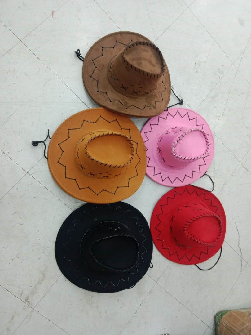 Cowboy hat kids (Category: Caps & Hats) located in Manila. Submitted by zdmal (Listing ID 1468301828, Image 1). Description: - Material: Premium faux suede - Colors available: Brown, yellow, pink, black, and red - Design: Detailed zigzag stitching on brim and crown - Feature: Includes an adjustable chin cord for a secure fit - Best for: Themed parties, costumes, outdoor events, and western wear.