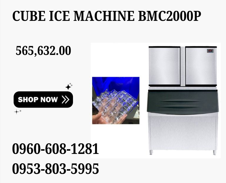 cube ice machine BMC2000P (Category: Everything Else Others) located in Caloocan City. Submitted by 09616968642 (Listing ID 1468357447, Image 1). Description: ●Rated output: 1000KG/24H ●Voltage: 380V50HZ3P ●Ice size: 22*22*22mm or customize ●Power: 3680W ●Refrigerant: R404A ●Compressor: HIGHLY ●Cooling way: Air cooling / water cooling ●Ice bin capacity: 480KG ●Machine size: 1230*930*1970mm ●Packing way: Wooden pallet carton ●Packing size: 2.7CBM 