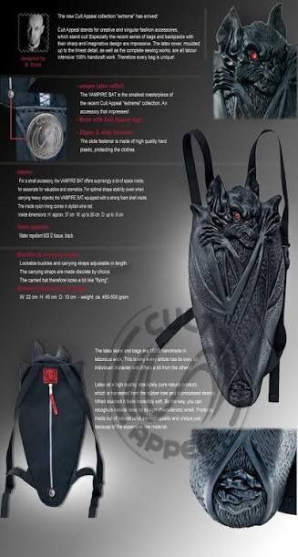 Cult Appeal Vampire Bat Backpack (Category: Backpacks) located in Makati City. Submitted by cathedrals (Listing ID 1468390525, Image 2). Description: cult appeal was a niche german fashion brand founded by designers björn ernst and marius jungmann. they specialized in high-detail, handmade latex accessories, specifically backpacks and messenger bags with a gothic, cyber, and industrial aesthetic. the brand was based in rengsdorf, germany, and ta