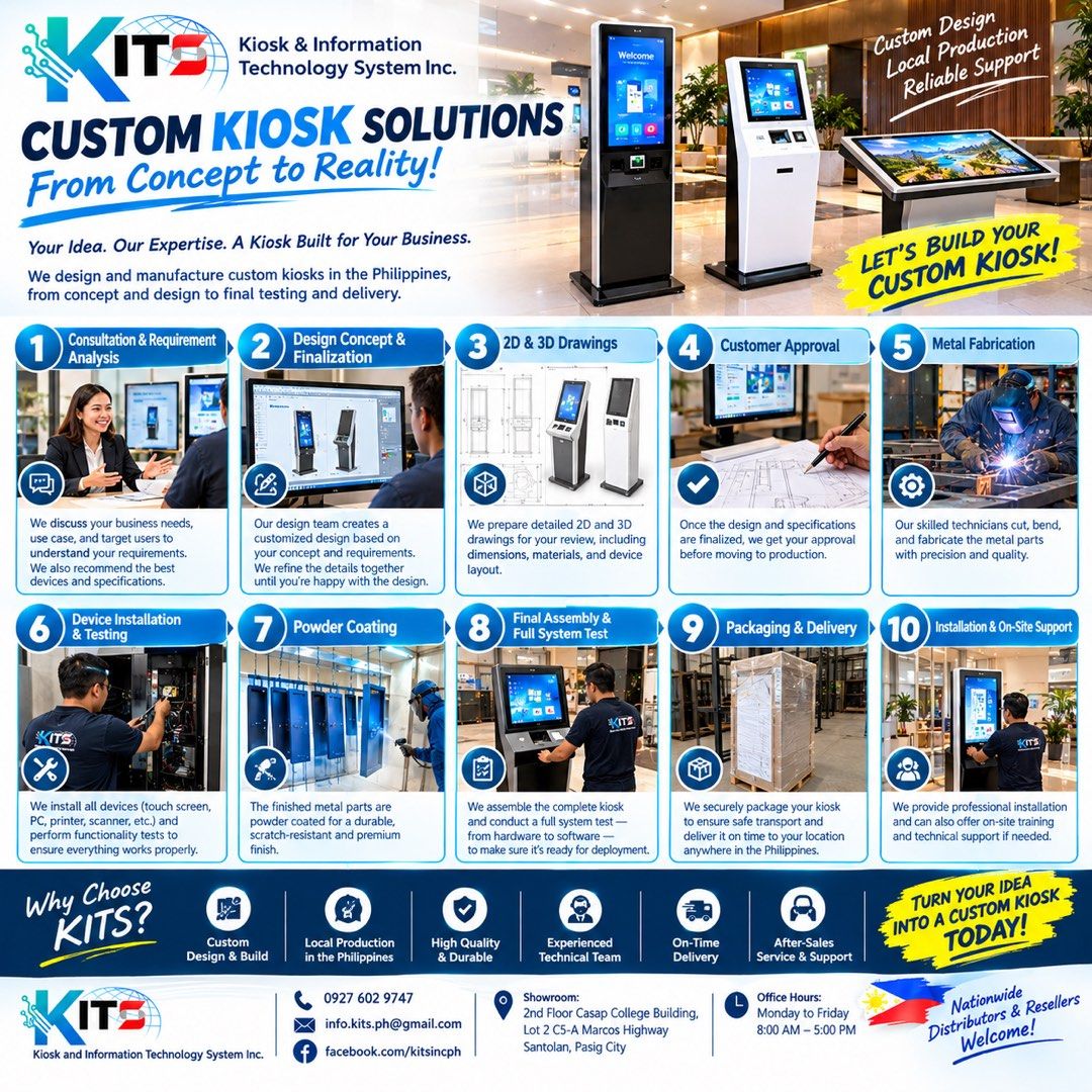 Custom Kiosk Manufacturing (Category: Office & Business Technology) located in Manila. Submitted by kitsincph (Listing ID 1468303221, Image 1). Description: - Custom business kiosks built right here in the Philippines - End-to-end service: concept, design, and 2D/3D drawings - Heavy-duty metal fabrication and durable powder coating - Complete assembly, quality testing, delivery, and professional installation - Local production backed by reliable 