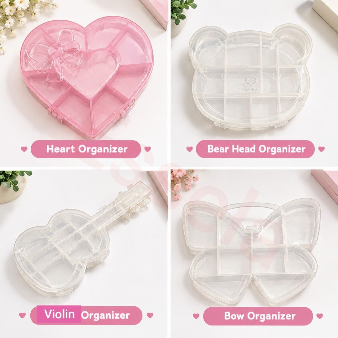 Cute Shape Multi-Compartment Storage Organizer Box (Category: Storage Boxes & Baskets) located in Malabon City. Submitted by ph_ohkaye (Listing ID 1468423268, Image 1). Description: - Adorable transparent designs: Heart, Bear, Violin, and Bow - Multiple individual compartments to keep small items neatly separated - Clear plastic material lets you spot contents instantly - Secure snap closure ensures items stay safely inside - Perfect for organizi