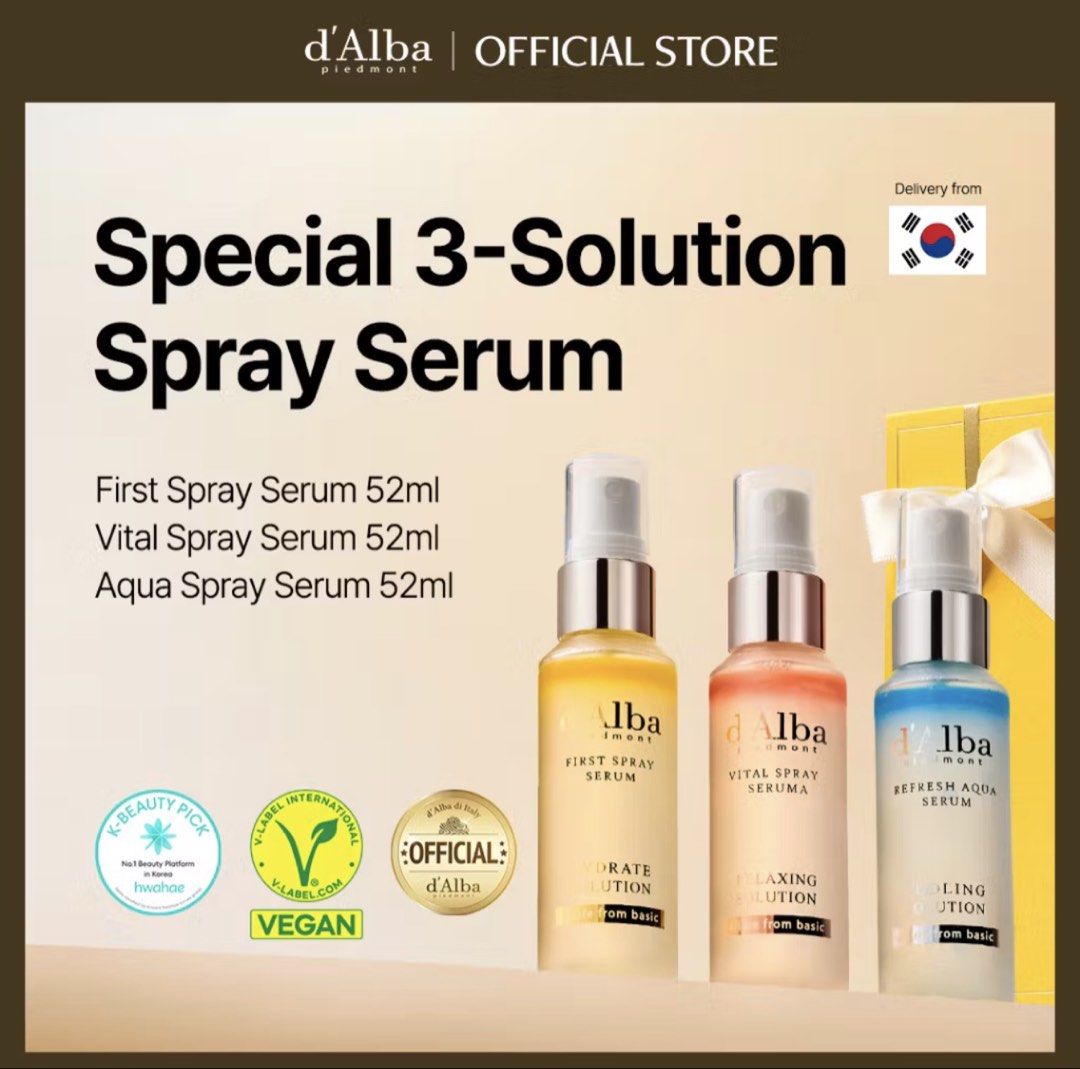 d'Alba Special 3-Solution Spray Serum Gift Box (Category: Face Care) located in Quezon City. Submitted by merjv (Listing ID 1468303044, Image 1). Description: - Authentic d'Alba White Truffle 3-Solution Spray Serum Gift Box direct from the official Korea store - Includes three 52ml bottles: First Spray Serum, Vital Spray Serum, and Refresh Aqua Serum - 100% vegan certified formulas for safe and effective skincare - Beautiful yellow gift box packa