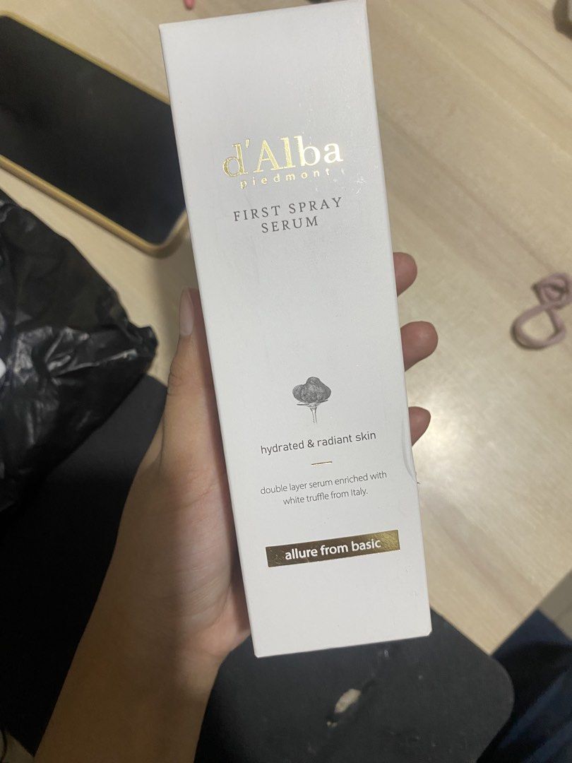 d'Alba White Truffle First Spray Serum 100ml (Category: Face Care) located in Bulacan. Submitted by dyclutterbyrei (Listing ID 1468400113, Image 1). Description: - Product: d'Alba White Truffle First Spray Serum - Volume: 100ml / 3.38 fl. oz. - Formulation: Double layer with Italian white truffle extract for deep hydration and radiance - Condition: Brand new, sealed box with authenticity sticker intact - Expiry Date: 2029.
