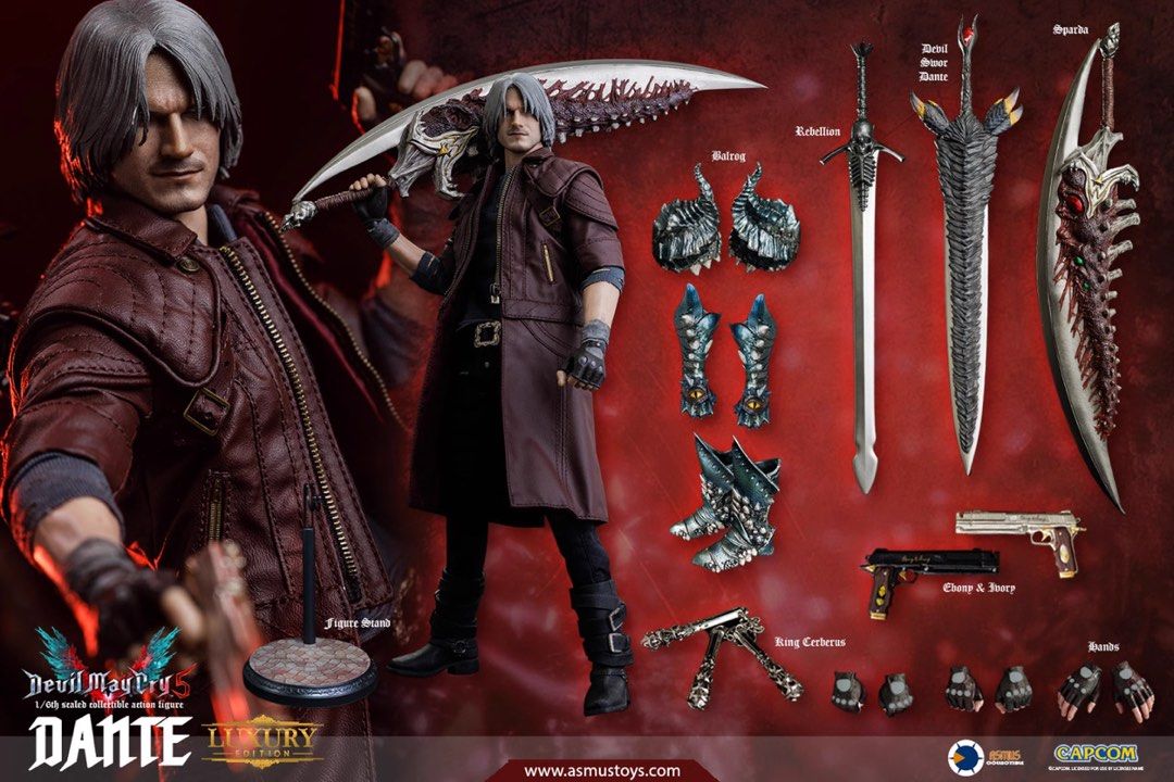 Devil May Cry 5 Dante Luxury Edition 1/6 Action Figure (Category: Figurines & Statues) located in Manila. Submitted by ana_banana011 (Listing ID 1468307615, Image 2). Description: - Brand: Asmus Toys (1/6 scale) - Item: Devil May Cry 5 Dante Luxury Edition - Condition: Brand new in original brown shipper box (unopened) - Special Features: Custom pizza slice and Dante silhouette graphics on box - Included Weapons & Accessories: Rebellion, Devil Sw