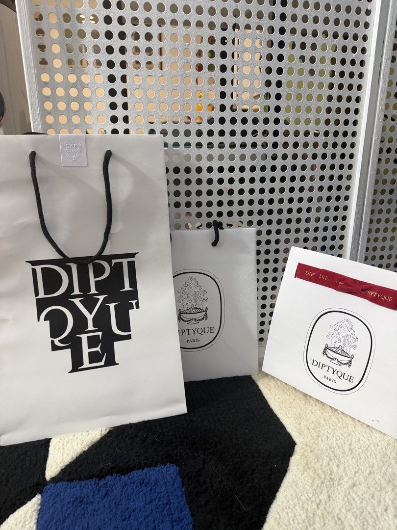 Diptyque Three Piece Paper Bags Only (Category: Everything Else Others) located in Marikina City. Submitted by bg22.23 (Listing ID 1468481602, Image 1). Description: Just paperbags. 200 for all 3 pcs. .
