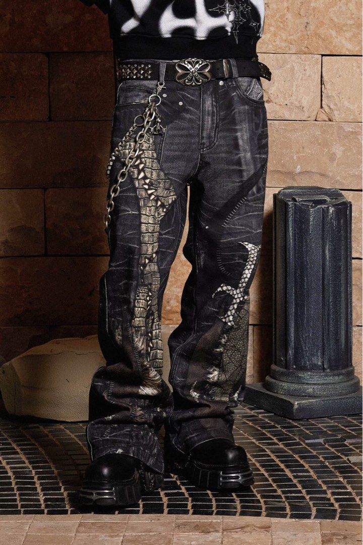 DND4DES Y2K DRAGON SWORD JEANS (Category: Jeans) located in Batangas. Submitted by robertlopezigaya (Listing ID 1468430914, Image 3). Description: DND4DES Y2K DRAGON SWORD JEANS Size xl on tag Dimes 32x42x11 No issue Like new.