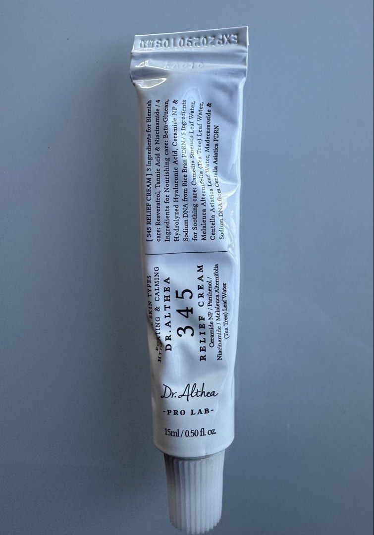 Dr. Althea 345 Relief Cream 15ml (Category: Face Care) located in San Fernando. Submitted by backyard.sale (Listing ID 1468356854, Image 3). Description: - Dr. Althea 345 Relief Cream in 15ml tube - Used only 2x, had to stop due to sensitivity because of pregnancy - With original box - Expiration: October 8, 2029 - Please see pics for actual photos Benefits: - Deep Hydration & Calming: Formulated to soothe irritation and nourish the skin - Blemis