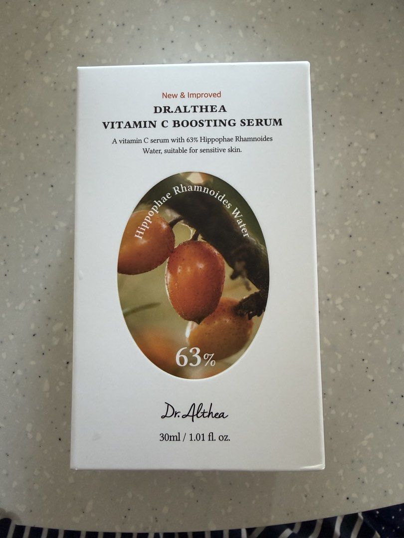 Dr. Althea Vitamin C Boosting Serum 30ml (Category: Face Care) located in Makati City. Submitted by animalsaremybesties (Listing ID 1468307734, Image 1). Description: - Product: Dr. Althea Vitamin C Boosting Serum - Size: 30ml - Condition: Brand new, unopened, and sealed with tab intact - Origin: Made in Korea -RFS: Extra unopened box - Key Ingredients: 63% Hippophae Rhamnoides Water - Benefits: Brightening and wrinkle improvement - Skin Type: Sp