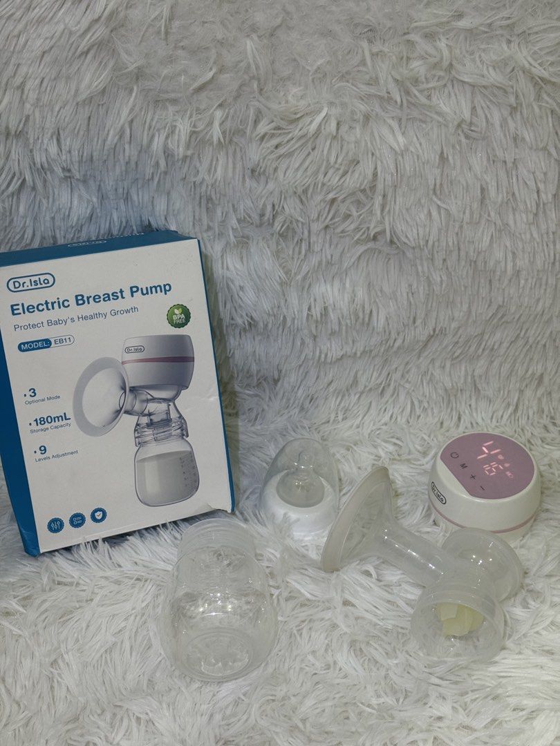 Dr. Isla Electric Breast Pump Model EB11 (Category: Breastfeeding & Bottle Feeding) located in Quezon City. Submitted by muniranepomuceno (Listing ID 1468418049, Image 3). Description: - Brand: Dr. Isla Electric Breast Pump (Model EB11) - Includes: Main pump unit, 180mL collection bottle, nipple attachment, and original box - Performance: 3 optional modes with 9 adjustable levels - Design: Digital display panel on top of the motor and detachable 