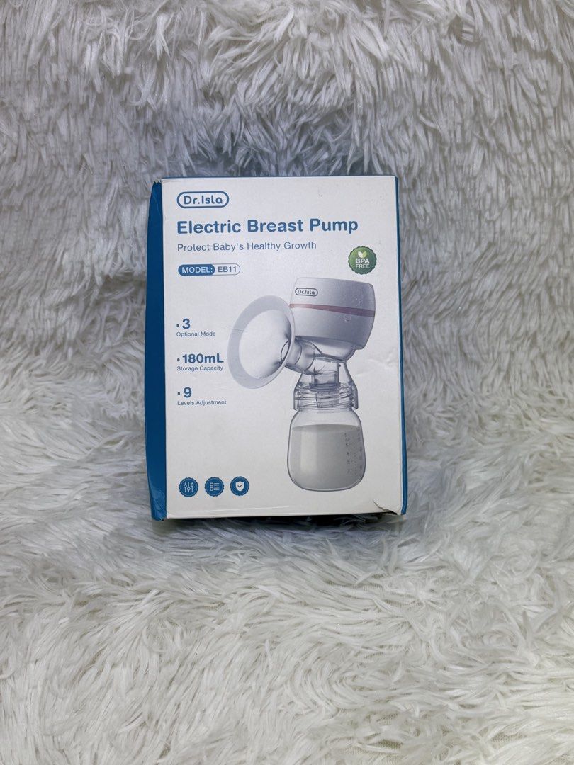 Dr. Isla Electric Breast Pump Model EB11 (Category: Breastfeeding & Bottle Feeding) located in Quezon City. Submitted by muniranepomuceno (Listing ID 1468418049, Image 1). Description: - Brand: Dr. Isla Electric Breast Pump (Model EB11) - Includes: Main pump unit, 180mL collection bottle, nipple attachment, and original box - Performance: 3 optional modes with 9 adjustable levels - Design: Digital display panel on top of the motor and detachable 