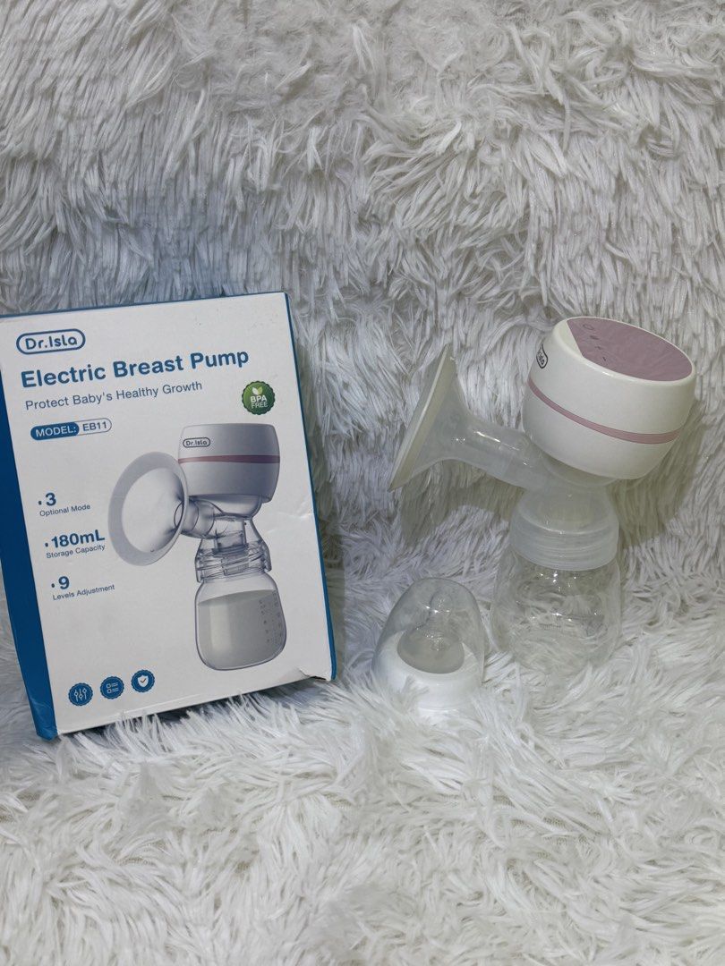 Dr. Isla Electric Breast Pump Model EB11 (Category: Breastfeeding & Bottle Feeding) located in Quezon City. Submitted by muniranepomuceno (Listing ID 1468418049, Image 2). Description: - Brand: Dr. Isla Electric Breast Pump (Model EB11) - Includes: Main pump unit, 180mL collection bottle, nipple attachment, and original box - Performance: 3 optional modes with 9 adjustable levels - Design: Digital display panel on top of the motor and detachable 