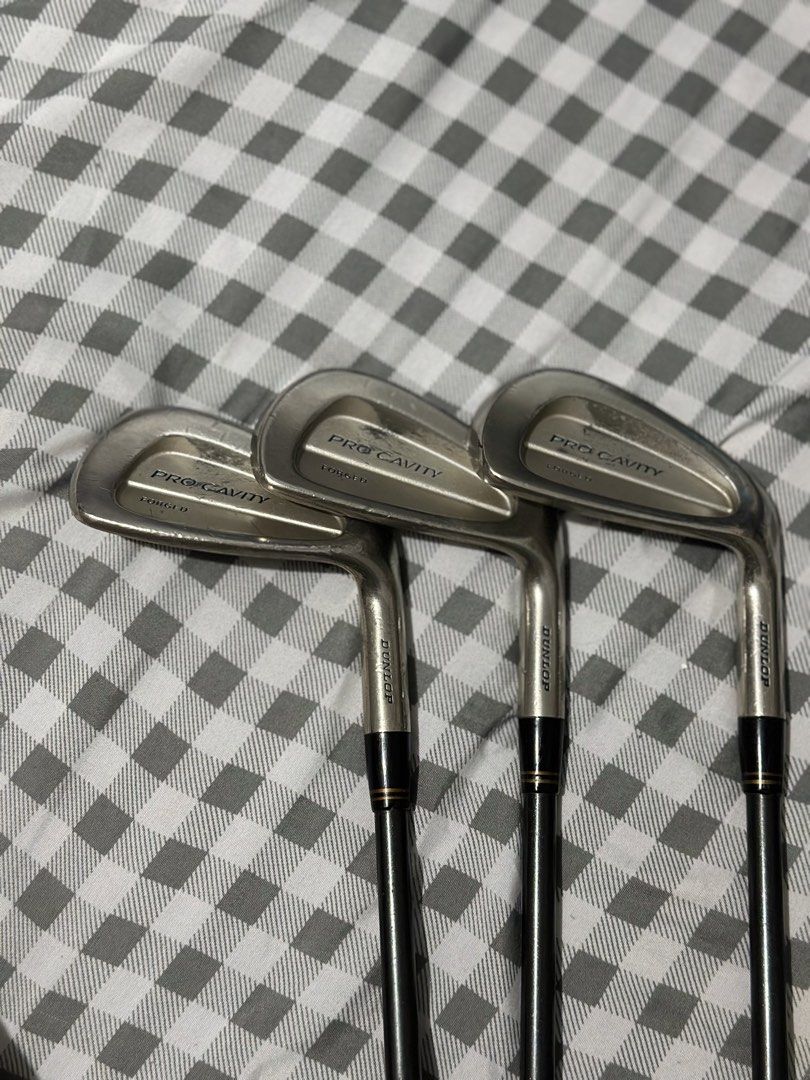 Dunlop Pro Cavity Forged Iron Set 7, 8, 9 (Category: Golf) located in Manila. Submitted by cnmanaois19234 (Listing ID 1468387673, Image 2). Description: - Set includes: Dunlop Pro Cavity Forged 7, 8, and 9 irons - Shafts: Dunlop Tour Black, Stiff flex, 81g, 2.2 torque - Grips: Red and black Golf Pride grips - Condition: Normal scuffs and wear from regular play, fully functional and ready for the next round.