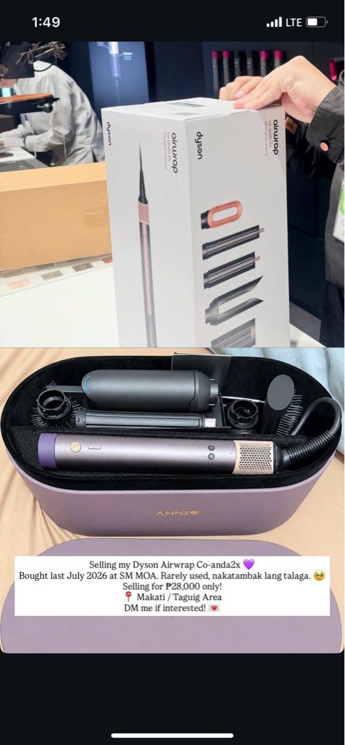 Dyson Airwrap Co-anda 2x Straight + Wavy (Category: Hair) located in Taguig. Submitted by declutteringworldbyLei (Listing ID 1468469553, Image 1). Description: Authentic Dyson Airwrap Co-anda 2x (Straight & Wavy Set) - Color: Purple and Rose Gold - Purchased from SM MOA - Condition: Rarely used, like new - Complete with all attachments, original presentation case, and box - Price: ₱28,000 - Meetup locations: Makati or Taguig area - Message us if 