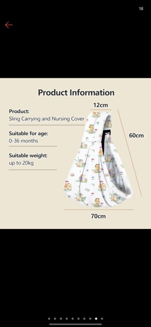 Einmilk Baby Carrier Sling (Category: Maternity Care) located in Manila. Submitted by jquino00 (Listing ID 1468385448, Image 2). Description: - Adorable dinosaur pattern baby sling and nursing cover - Suitable for newborns up to 36 months (supports up to 20kg) - Size: 60cm x 70cm with a 12cm adjustable strap and secure black buckle - Made of soft, breathable cotton for ultimate daily comfort - Perfect for hands-free carrying and discreet nursing 